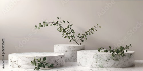 Podium for product display with style light surface with stones and plants.AI Generative