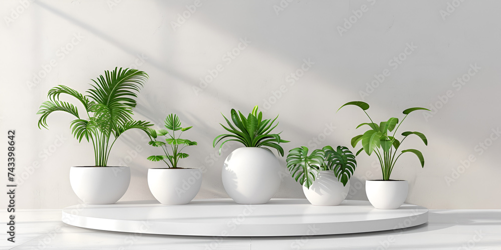 Row of houseplants in concrete flowerpots each with their own unique design.AI Generative
