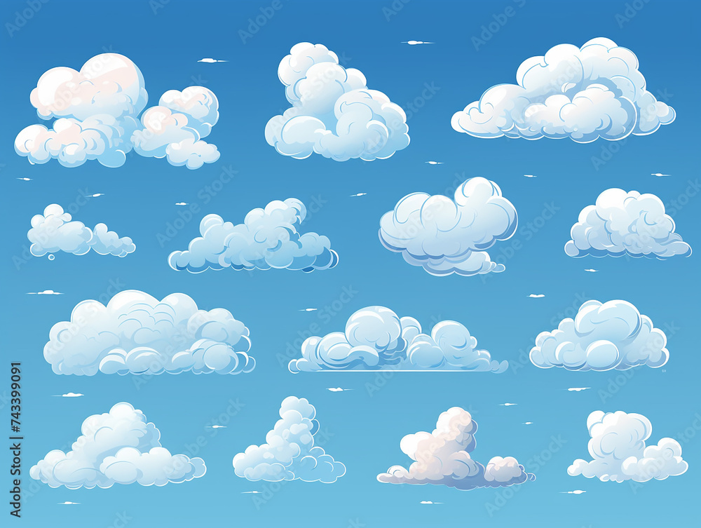 A set of watercolor painted clouds on a blue background isolated A set of watercolor painted clouds on a blue background isolated