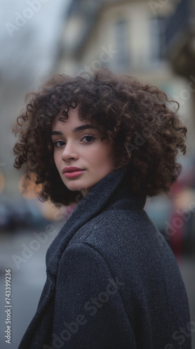 a portrait of a stylish beautiful French woman with curly dark hair and is a wearing a long gray fashionable wool coat. the scene is low light and moody walking in the city streets of Paris. © Michael