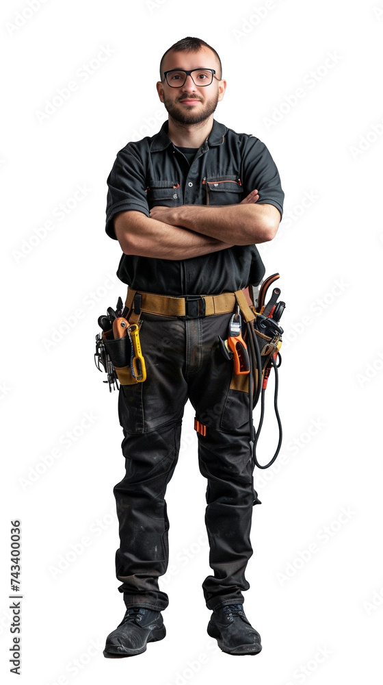 Isolated, transparent, no background, Proud Male Electrician in Uniform Posing Confidently with Tools on Gray Background - Skilled Tradesman in Action at Work Isolated, transparent, no background, Proud Male Electrician in Uniform Posing Confidently with Tools on Gray Background - Skilled Tradesman in Action at Work