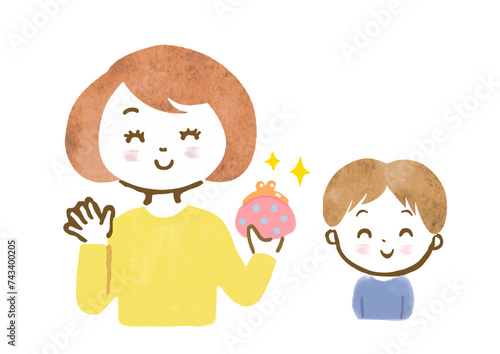 がま口を持ち、子供にまつわる手当に喜ぶ母親と子供の上半身手描きイラスト