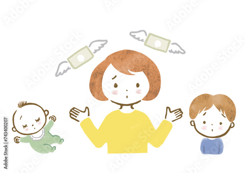 出産、子育ての出費に悩む母親と子供たちの上半身手描きイラスト