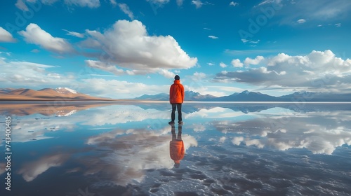 Contemplative Silhouette Standing on Reflective Pond at in Salar de Uyuni in Bolivia photo