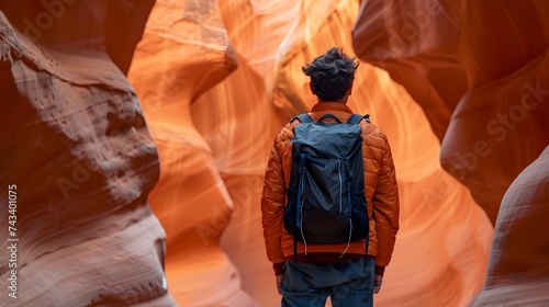 Man Hiking in Antelope Canyon with Backpack