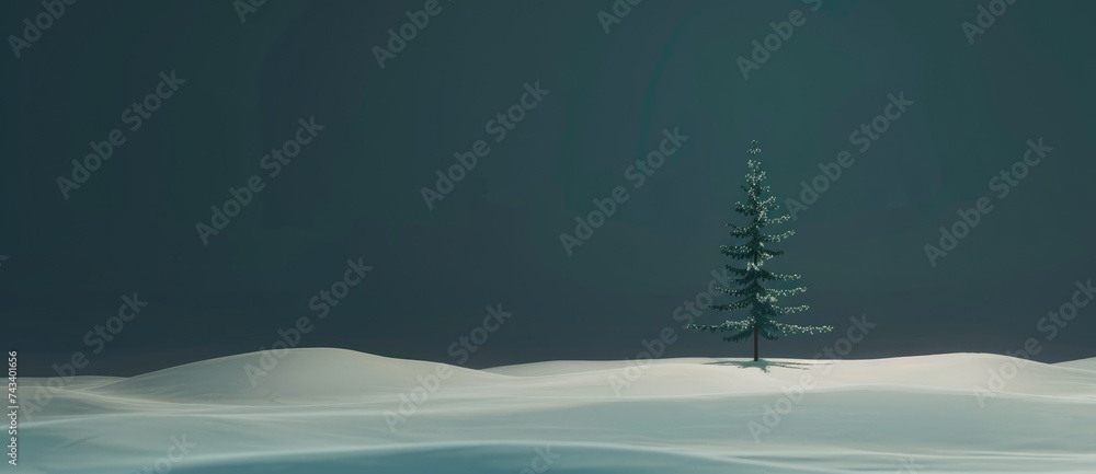 The snow covered Christmas tree contrasts with the dark blue backdrop Christmas tree standing tall amidst a serene snowy landscape, stars gently falling from the sky AI generative.