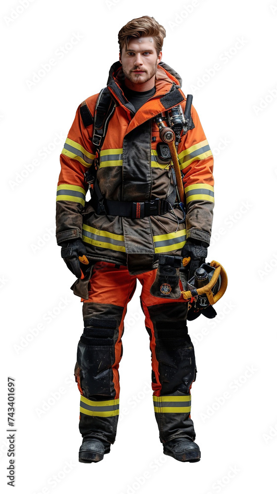 Isolated, transparent, no background, Proud Male Firefighter in Full Body Pose on Gray Background - Strong and Courageous Hero in Uniform and Gear