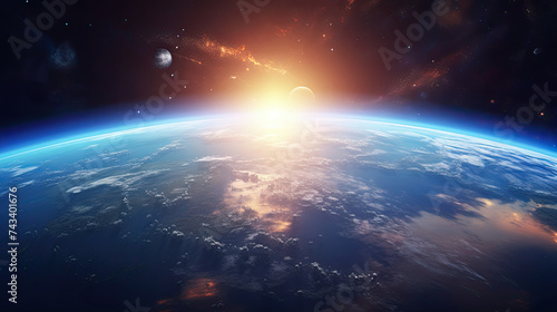 Sunrise View From Outer Space. New Sunlight Breaking Through  Night View of Earth s Surface in Deep Space Wallpaper  Orbit Perspective with Sun Setting Over the Horizon