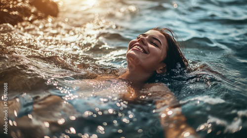 smiling Brazilian woman swimming in the ocean. its bright and sunny at the beach