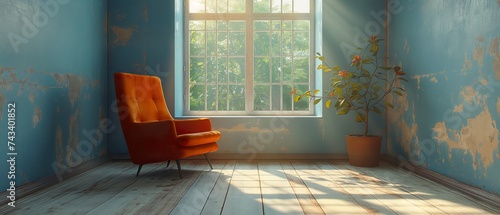 Bright armchair in an empty room. Generated AI