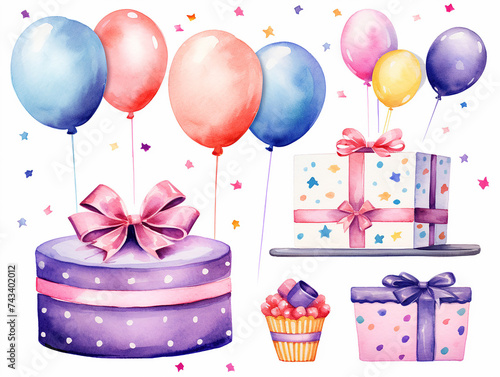 A set of illustration watercolor birthday party cliparts in pastel colors with gifts  cake  balloons  and ribbons