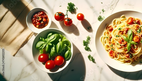 Food knolling, table of food, spaghetti, salad, tomato, leaves, ketchup