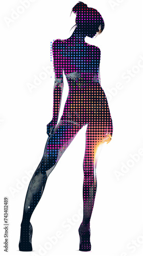 3d silhouette illustration of a Full body woman fashion eclectic halftone pattern on a white background