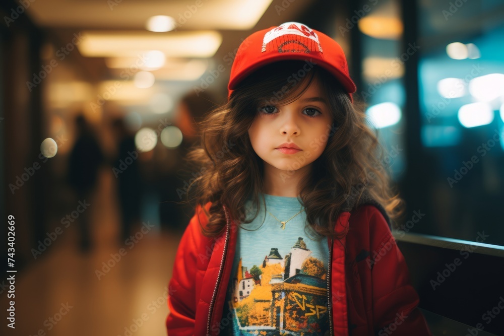 Portrait of a little girl in a red cap and a red jacket. Portrait of a little girl in a red cap and a red jacket.
