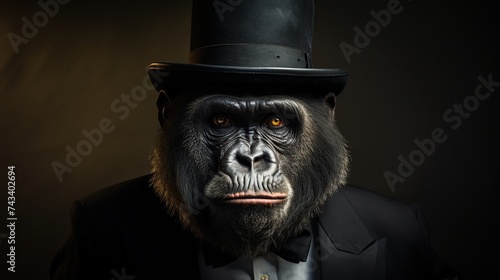 Gorilla in a top hat and suit on a dark background
