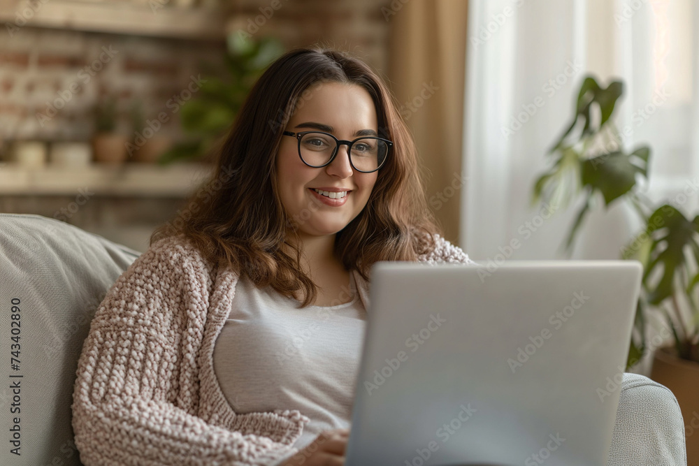beautiful plus sized brunette woman working from home, sitting and using laptop, smiling and looking to the screen, video call. beautiful plus sized brunette woman working from home, sitting and using laptop, smiling and looking to the screen, video call.