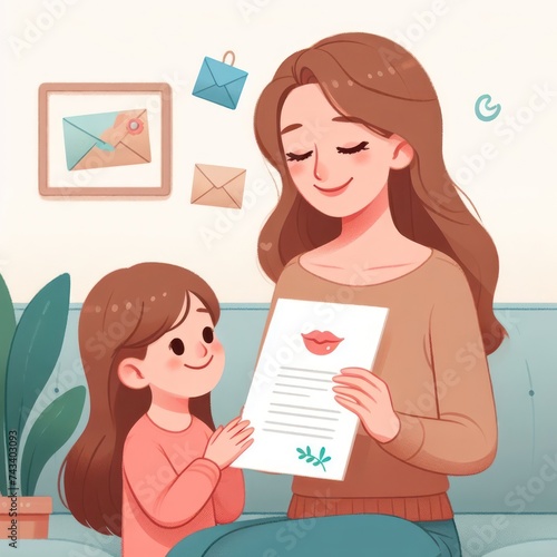 Happy mother's day! Child daughter congratulates mom and gives her postcard. Mum and girl smiling and hugging. Family holiday and togetherness. 