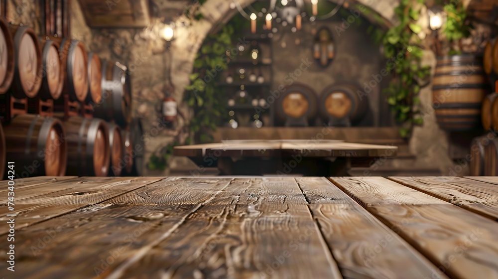 Empty table background with defocused basement with barrels of wine theme in background