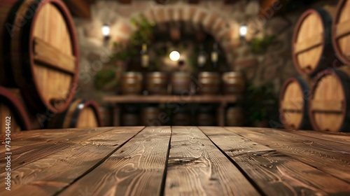 Empty table background with defocused basement with barrels of wine theme in background