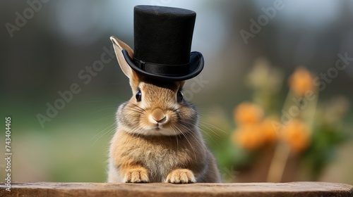 Cute little rabbit wearing a top hat and leaning on a wooden table. photo