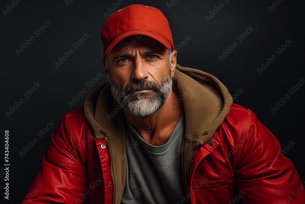 Portrait of a stylish bearded man in a red cap and a red jacket. Portrait of a stylish bearded man in a red cap and a red jacket.
