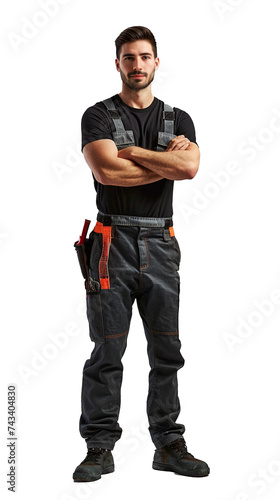 Isolated, transparent, no background, Confident Male Plumber in Uniform with Toolbelt and Wrench, Skilled Tradesman Posing Proudly for Isolated Gray Background Full Body Image