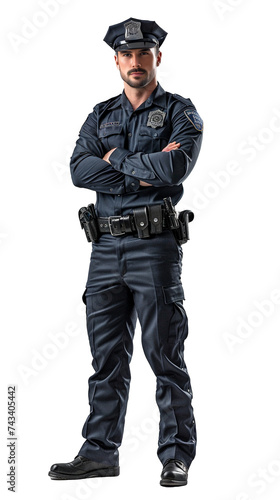 Isolated, transparent, no background, Confident Male Police Officer in Uniform Proudly Standing with Gray Background - Strong Brave Cop Portrait with Badge, Gun, and Handcuffs
