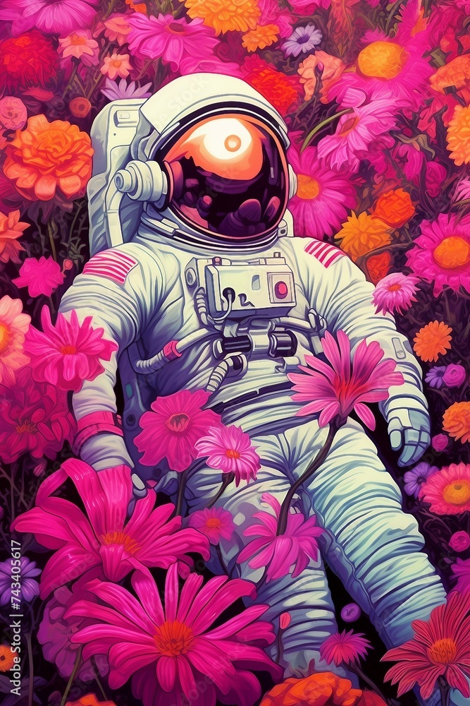Astronaut lying in meadow of pink dahlia flowers illustration AI Generated Astronaut lying in meadow of pink dahlia flowers illustration AI Generated