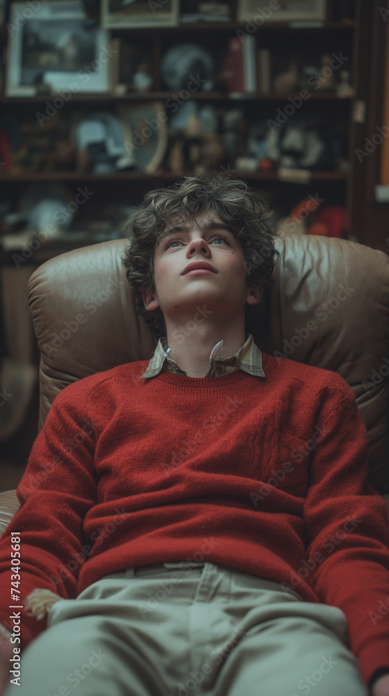1980s teenage boy, pensive look, dark hair., preppy sweater, collared shirt, khakis. moody room, 80s memorabilia. background 1980s teenage boy, pensive look, dark hair., preppy sweater, collared shirt, khakis. moody room, 80s memorabilia. background