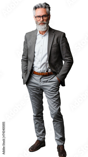 Isolated, transparent, no background, Confident Male Professor Standing Proudly in Full Body Pose on Gray Background