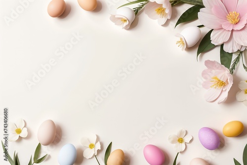 Easter eggs on pastel background with copy space.