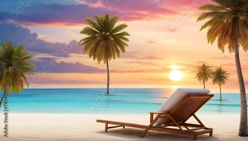 Beautiful tropical sunset scenery  two sun beds  loungers  umbrella under palm tree. White sand  sea view with horizon  colorful twilight sky  calmness and relaxation. Inspirational beach resort hotel