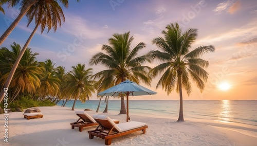 Beautiful tropical sunset scenery  two sun beds  loungers  umbrella under palm tree. White sand  sea view with horizon  colorful twilight sky  calmness and relaxation. Inspirational beach resort hotel
