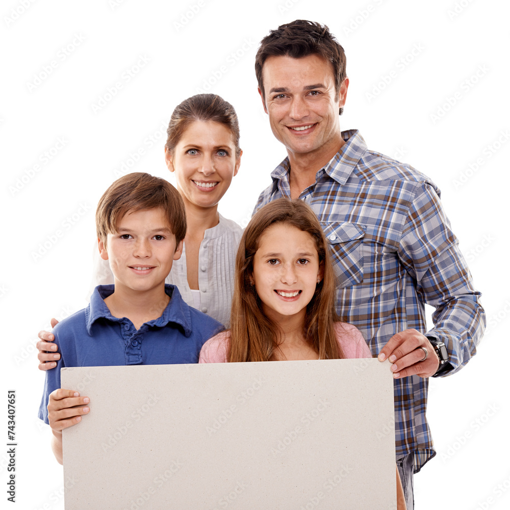 Parents, kids and studio with blank poster in portrait with smile for bonding, love and space by white background. Mother, father and children with mockup, promotion or happy for family with security Parents, kids and studio with blank poster in portrait with smile for bonding, love and space by white background. Mother, father and children with mockup, promotion or happy for family with security