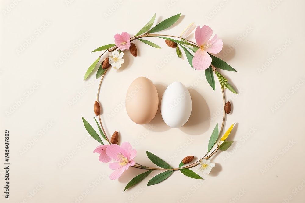Easter eggs on pastel background with copy space.