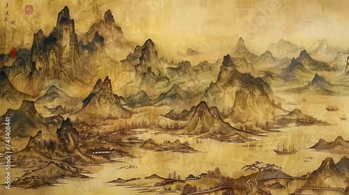 Ancient Chinese Style Painting Drawing of Mountains and Rivers 
