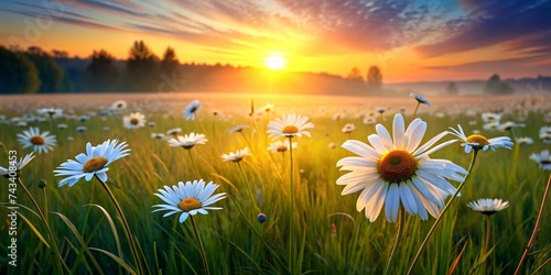 Beautiful daisies on meadow at sunset. Summer landscape.