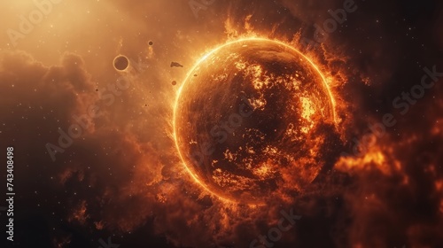 A breathtaking fantasy landscape showcasing a fiery planet engulfed in flames, surrounded by glowing stars and vivid nebulae. Massive clouds and falling asteroids add drama to this, AI Generative