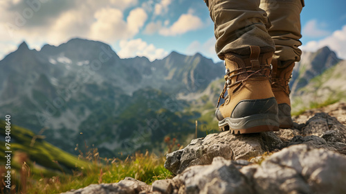 A close-up of a hiker's boots on a rugged mountain path, with the scenic beauty of the mountains in the background Capturing the essence of a thrilling hiking adventure and the maj, AI Generative