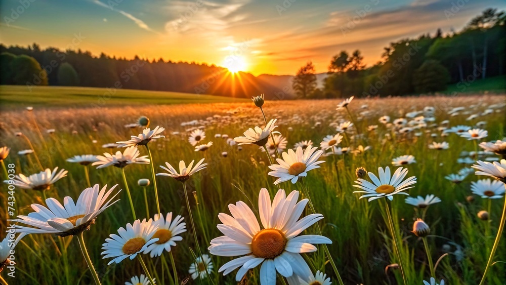 Beautiful daisies on meadow at sunset. Summer landscape.