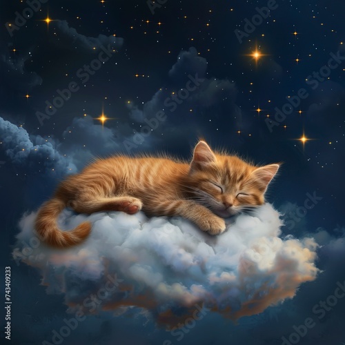 Kitten sleeping on top of a cloud in the night, starry sky.