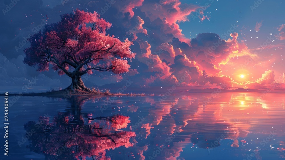 Whimsical fantasy landscape, tree of desires in pink and blue, imaginative vibrant setting, dreamlike beauty AI Generative Whimsical fantasy landscape, tree of desires in pink and blue, imaginative vibrant setting, dreamlike beauty AI Generative