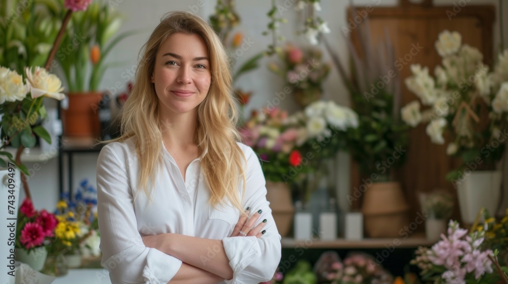 Young blonde woman florist smiling confident standing with arms crossed gesture at flower shop, AI Generative