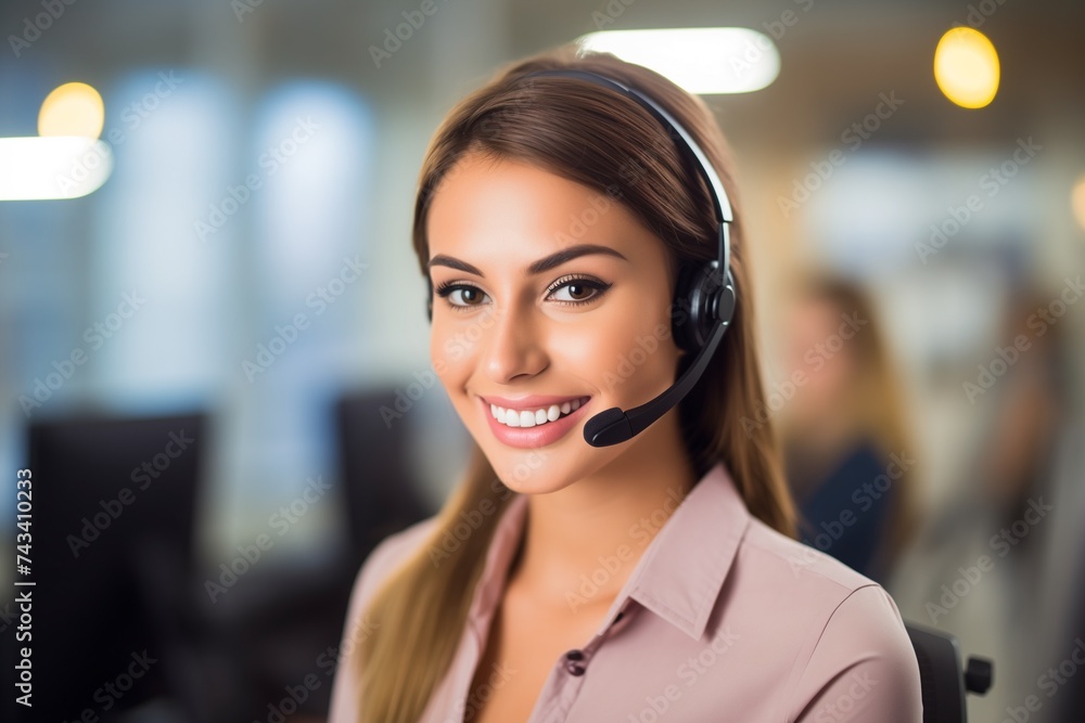 Woman wearing a headset at office call center Woman wearing a headset at office call center