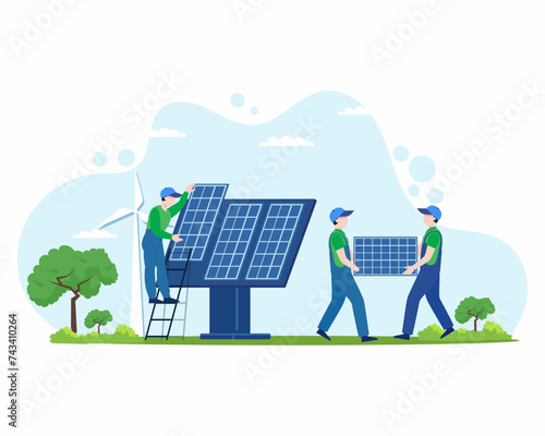 Solar panels installation Worker stand on ladder near solar panel to installing sunny panel renewable electricity systems