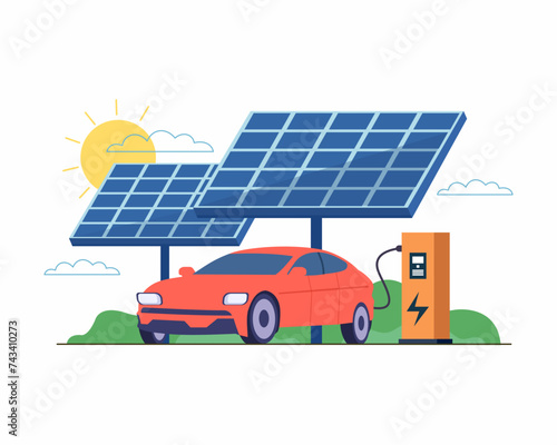 Electric car charging on parking lot with fast supercharger station Vehicle on renewable solar panel station vector illustration