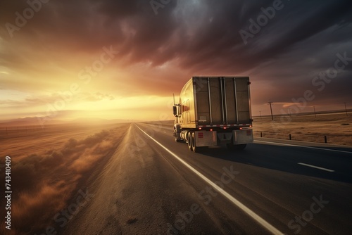 Big truck driving on a road at sunset