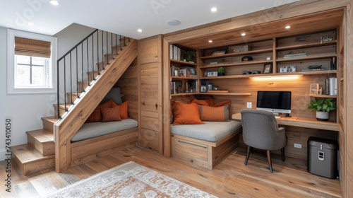 A clever understair office nook complete with a builtin desk chair and storage shelves creating a functional workspace in an otherwise unused area. photo