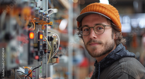 Focused male technician in glasses and beanie working on electrical panel in industrial setting.