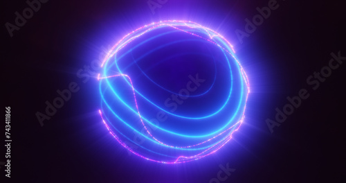 Abstract blue purple glowing digital high-tech futuristic energy plasma sphere with lines and particles on dark black background © Bolbik